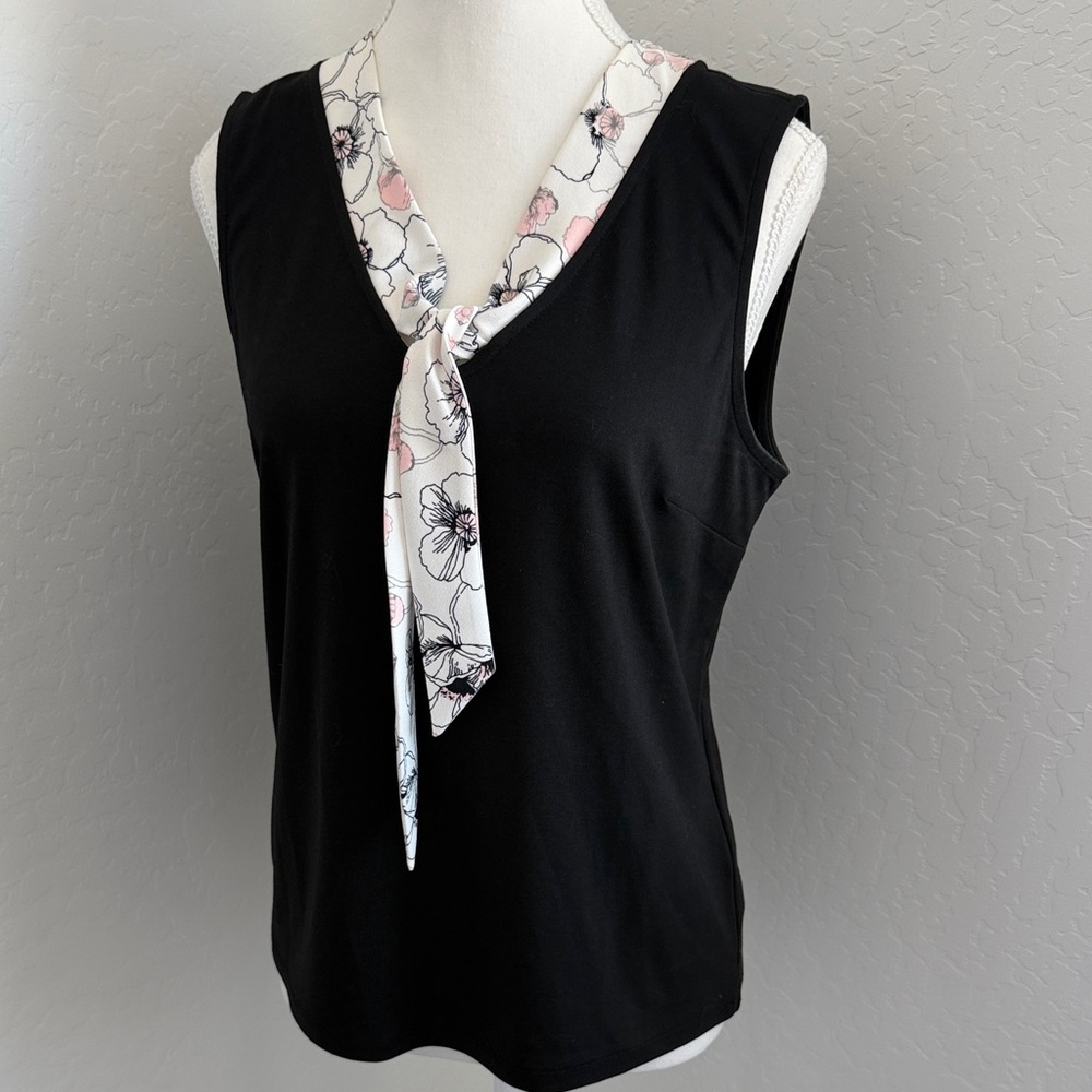 Brooks Brothers Sleeveless Black Tie-Neck Floral Trim Top NWOT